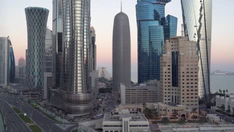 qatar skyline during sunset with colorful sky.