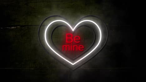 animation of words be mine in red with white and yellow concentric neon hearts flashing on dark wood