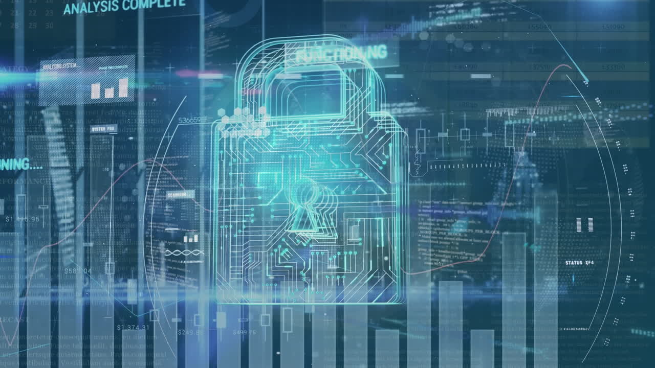 Animation of security padlock icon, statistical data processing and light spot on blue background