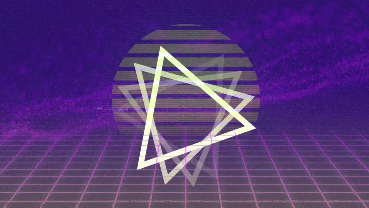 점과 디지털 태양 위로 움직이는 빛의 삼각형의 애니메이션