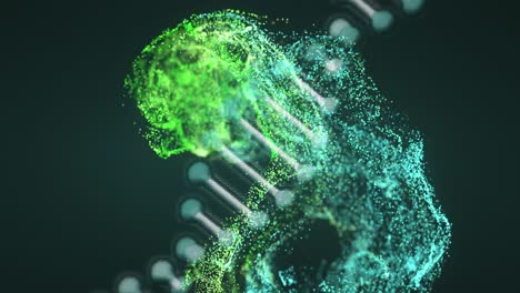 digital animation of dna structure spinning against digital wave on green background