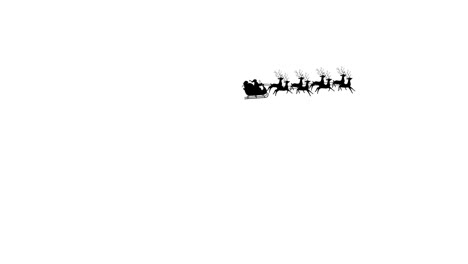 digital animation of black silhouette of santa claus in sleigh being pulled by reindeers