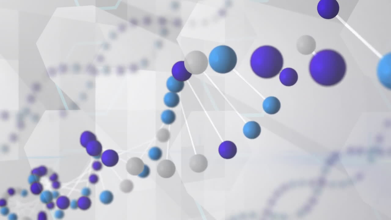 animación de cadena de adn y estructura molecular sobre un fondo geométrico abstracto