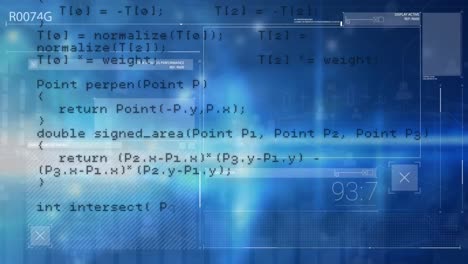 Animation-of-computer-language-over-graphs-and-lens-flares-against-abstract-background