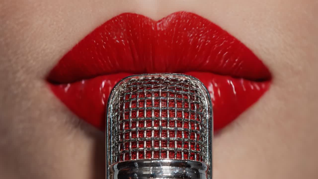 Close-Up of Glossy Red Lips Embracing a Shiny Microphone, Capturing the Essence of Vocal Performance and Glamour in a Stunning Visual Presentation