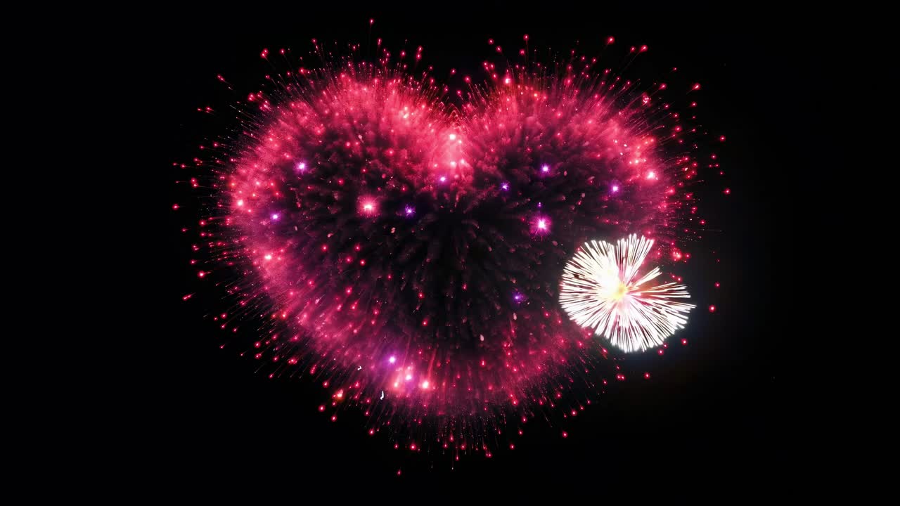 Aerial view of vibrant heart-shaped fireworks against a dark sky, creating a romantic