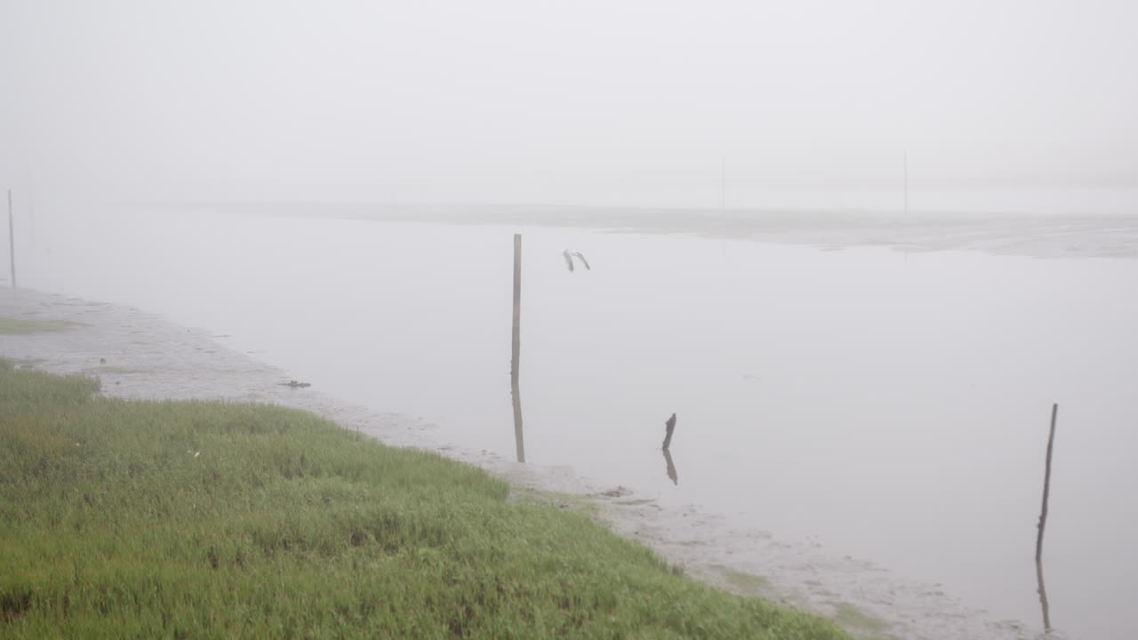 Tranquil Scene Of A Lake During Misty Morning In Arcachon Bay, France. Static Shot