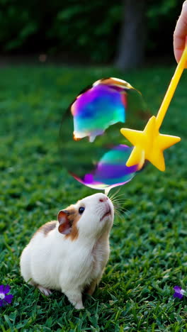 guinea pig playing with bubbles in the garden