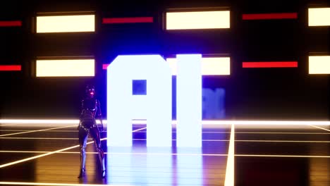 artificial intelligence robot standing inside a dark large space, with glowing neon lights, glossy surfaces, and ai letters behind it, 3d animation camera zoom in slowly closer