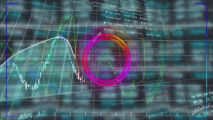 Animation of scope scanning and financial data processing over grid in background