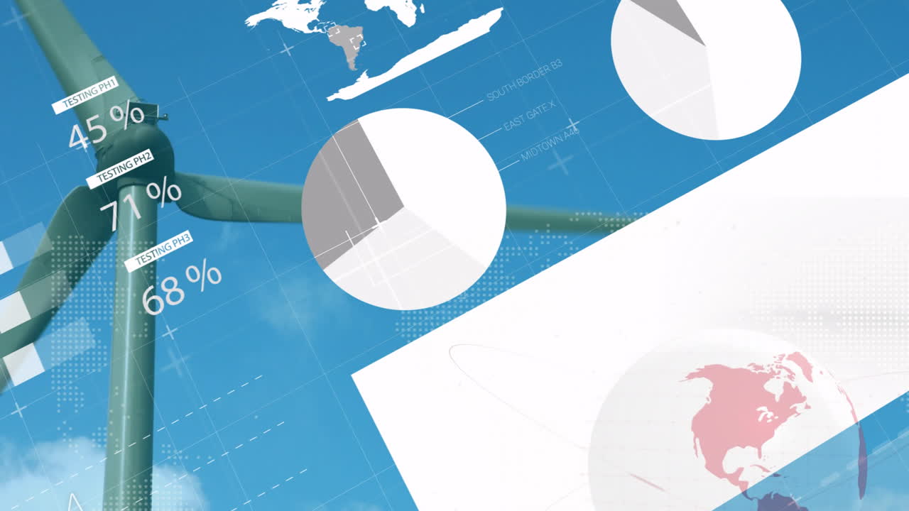 Animation of wind turbine with pie charts over world map for data visualization