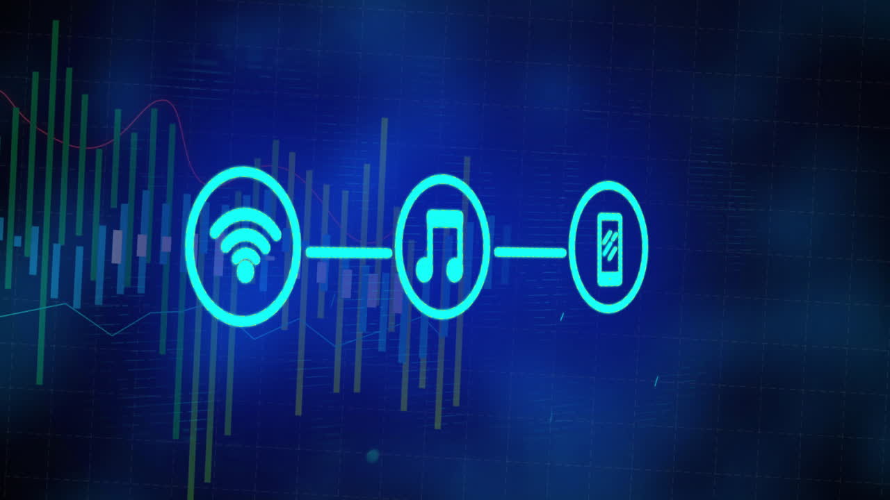 Animation of Wi-Fi, music, and smartphone icons connected in digital school setting