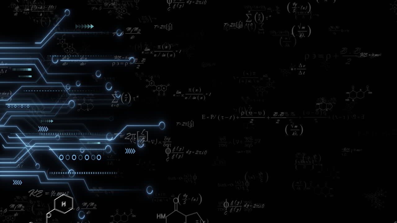 Animation of data processing over circuit board on black background