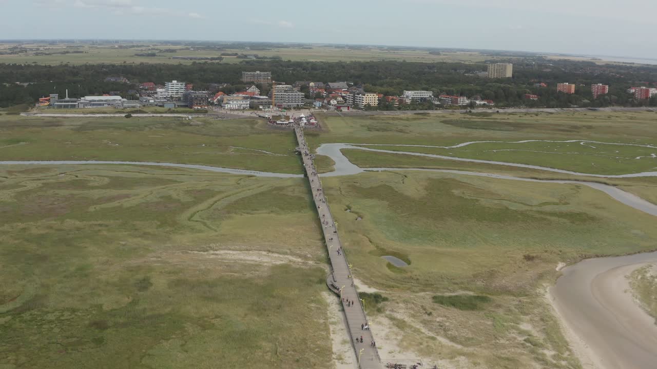 Drone - Aerial shot of the green nature beach of St. Peter Ording at the north sea, schleswig holstein, germany, 30p