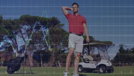 Animation-of-multiple-graphs-with-changing-numbers,-caucasian-male-golfer-missed-the-hole