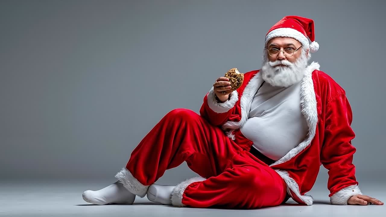 A man dressed as Santa Claus sitting on the ground eating a cookie