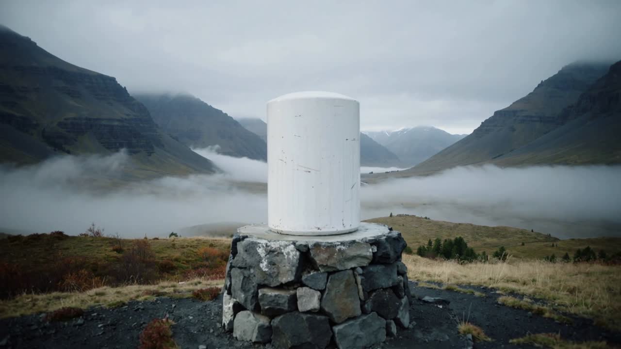 Kameraet trækker sig tilbage og afslører en hvid cylinder på en stendysse i en tåget dal, der viser den bredere dal.