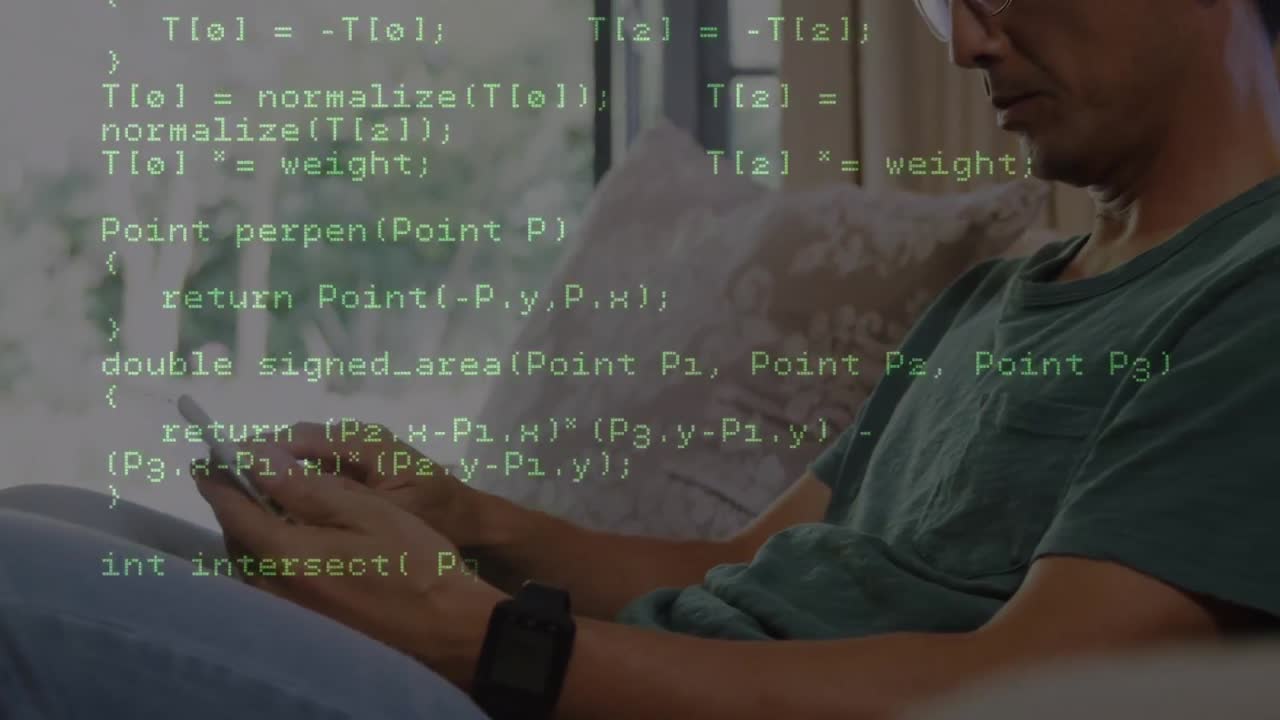 Animation of data processing over asian man using smartphone