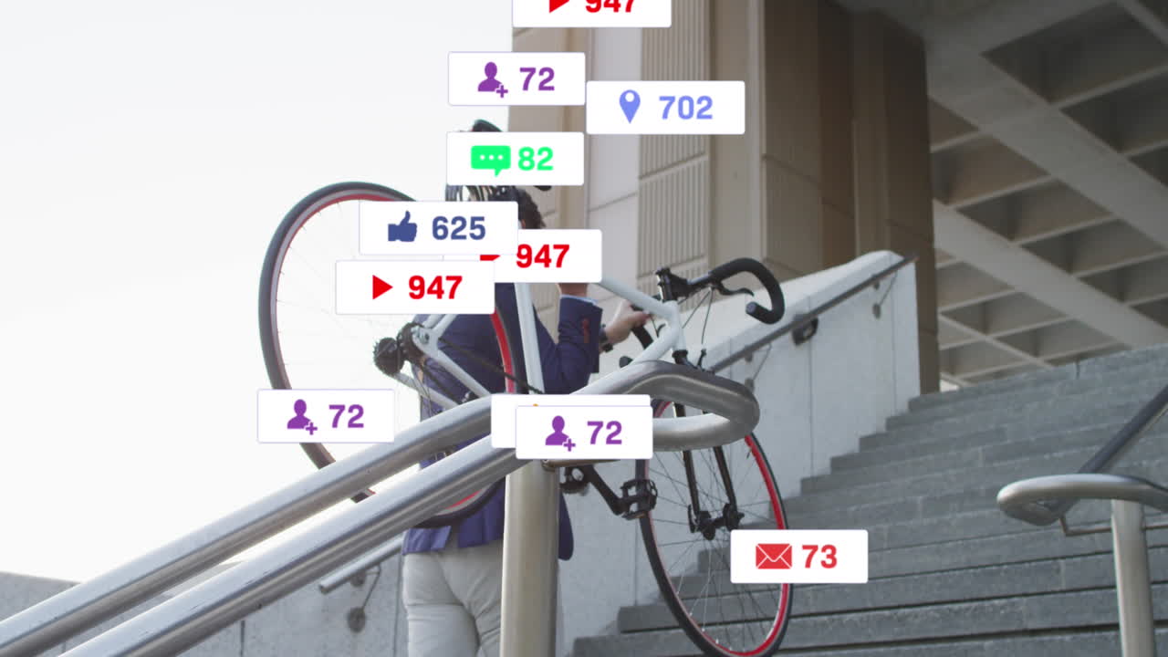 도시에서 자전거를 들고 다니는 아시아인 남성에 대한 소셜 미디어 텍스트와 아이콘의 애니메이션