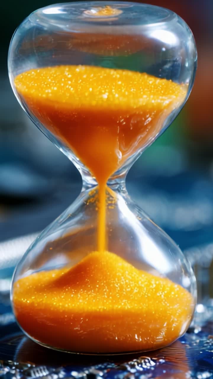 An hourglass filled with golden sands measures the passage of time, showcasing the mesmerizing flow of granules from the upper chamber to the lower, symbolizing time's constant movement