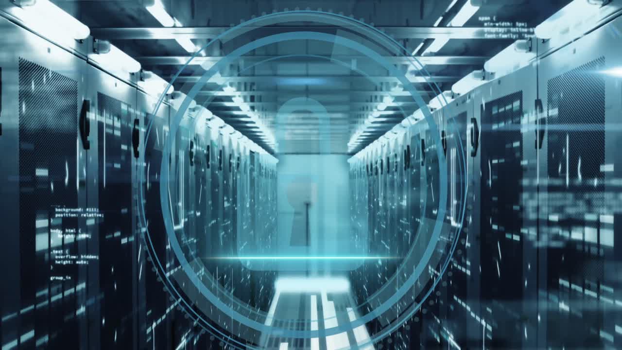 컴퓨터 서버  ⁇ 에 사이버 보안 텍스트 배너와 보안  ⁇ 락 아이콘의 애니메이션