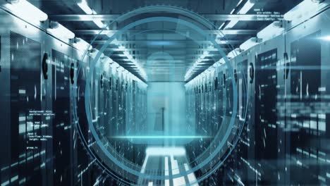 animation of cyber security text banner and security padlock icon against computer server room