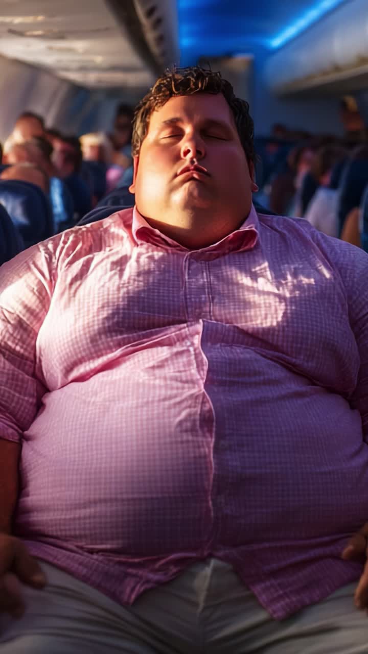 Um passageiro tranquilo em trânsito: capturando a serenidade de uma viagem com um homem corpulento sentado de forma relaxada com os olhos fechados em um avião, cercado por outros viajantes