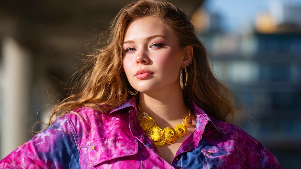 Confident Fashion Portrait of a Woman in Colorful Outfit and Statement Necklace Against a City Background with Natural Lighting