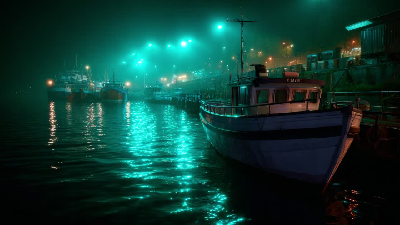 A serene night at the harbor, illuminated by mesmerizing green lights reflecting off the still water, showcasing boats resting peacefully in the fog, creating a tranquil and enchanting scene of solitude