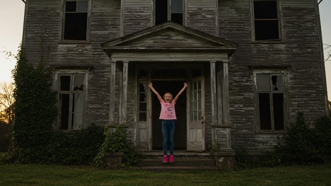A Young Girl Stands Proudly at the Entrance of a Weathered Abandoned House, Capturing the Essence of Adventure and Childhood Wonder in a Mysterious Setting