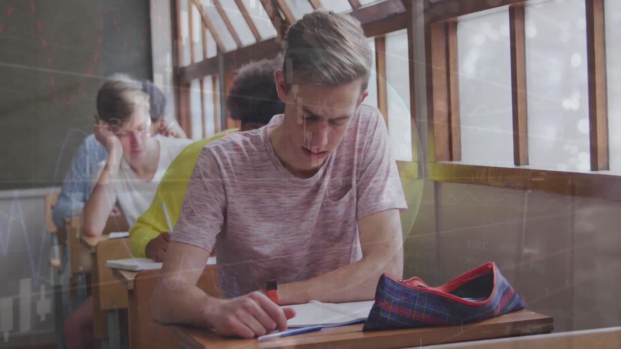 Animação de processamento de dados financeiros e um globo sobre crianças em idade escolar diversas em uma sala de aula.