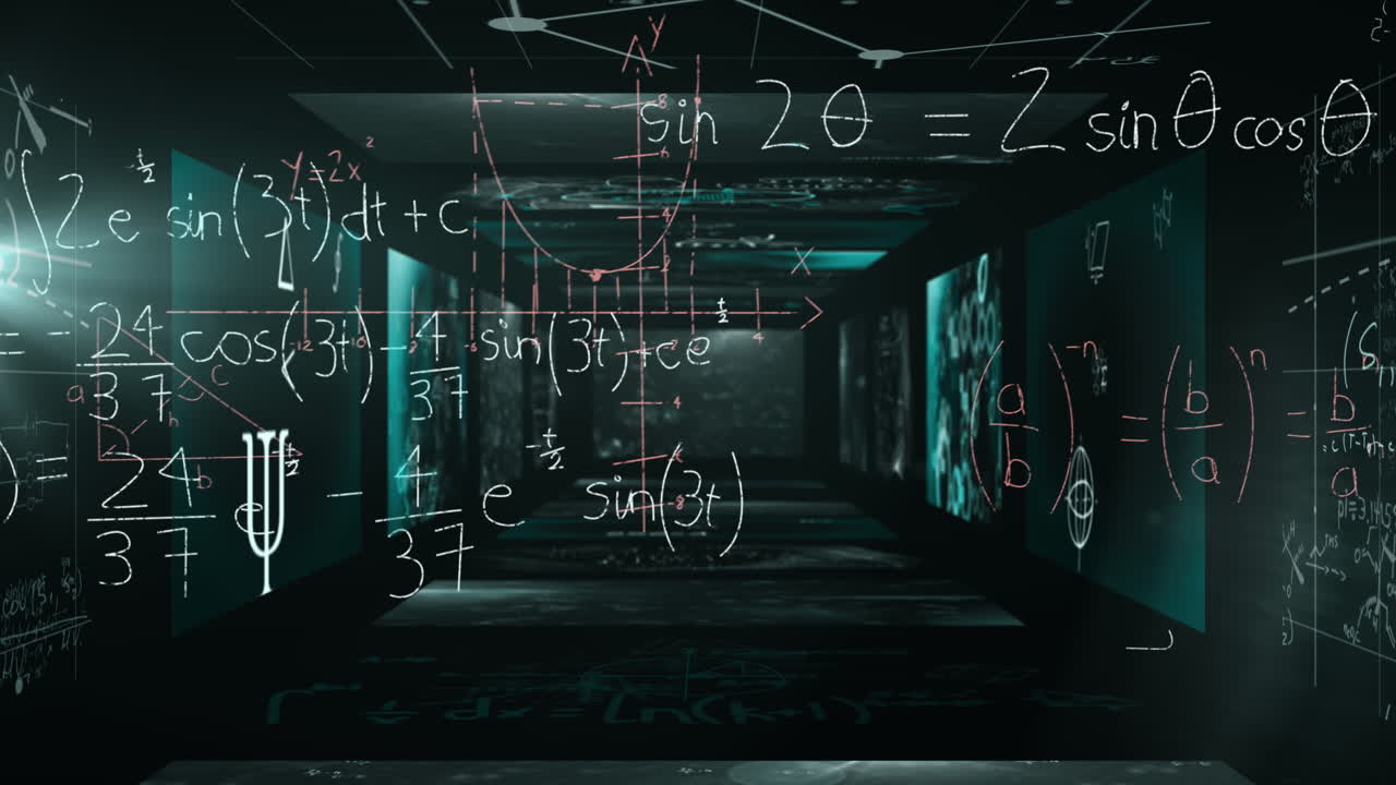 Animation of data processing and mathematical equations over screens