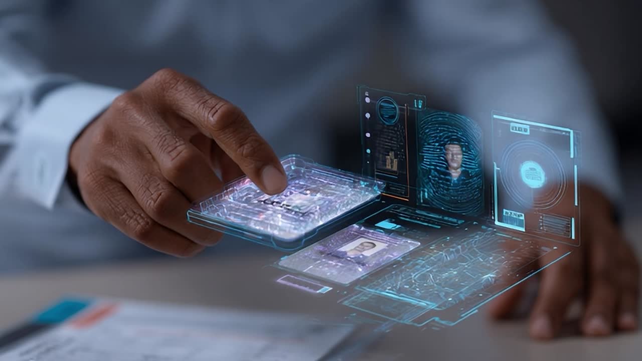 Hand interacting with a futuristic holographic interface displaying data