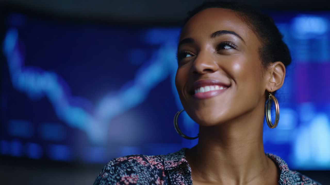 Bright Smiles and Data Insights: A Young Woman's Joyful Expression in a High-Tech Financial Environment Amidst Digital Analytics and Market Trends