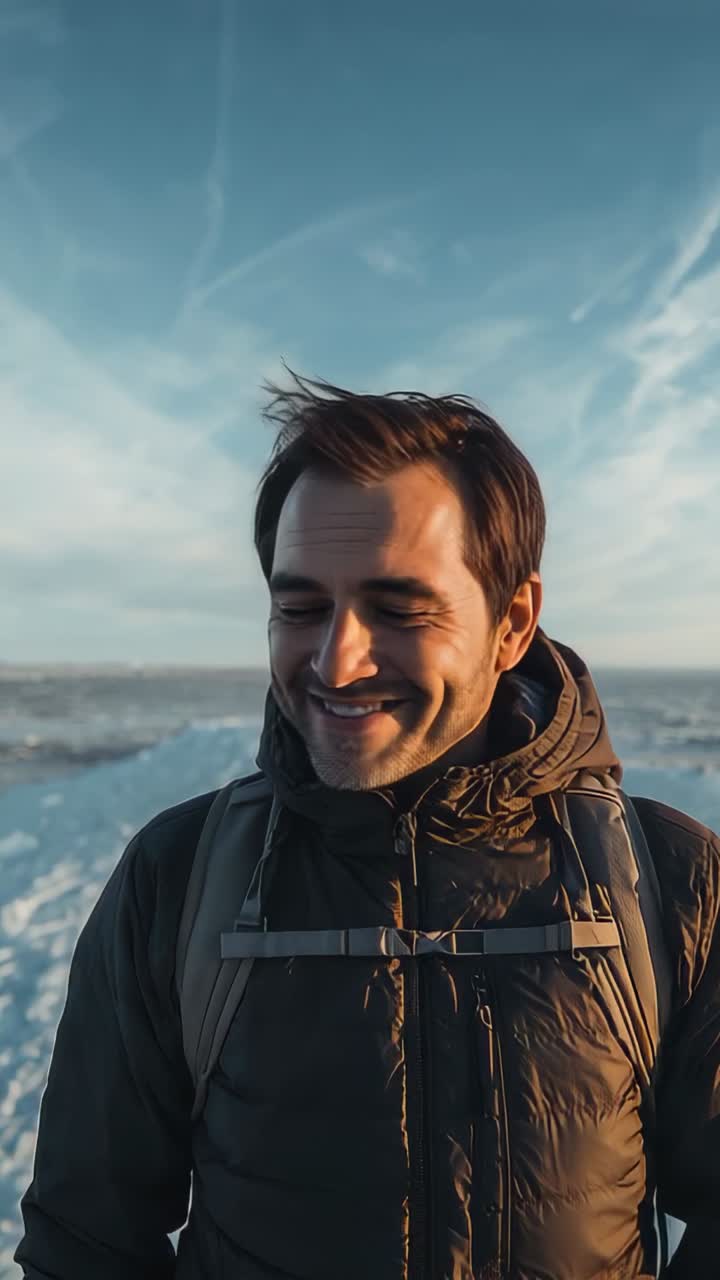Vertikal video: Mann i boblejakke som reagerer på kameraopptaket, smilende på strandlinjen med ryggsekk.
