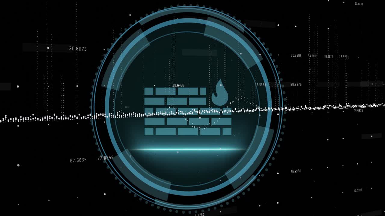 animación del gráfico, datos sobre texto de seguridad cibernética y icono de cortafuegos contra números cambiantes