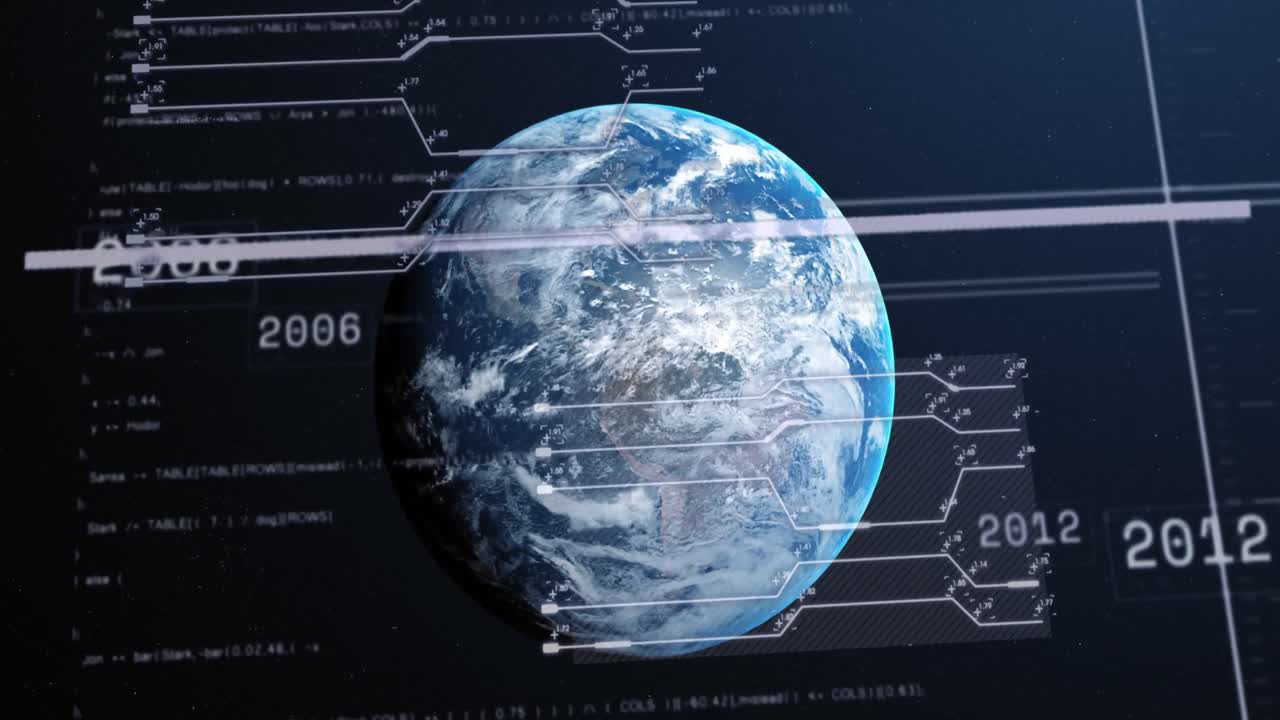 Animation of interface with data processing against spinning globe in space