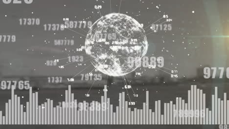 animation of data processing and globe over airport