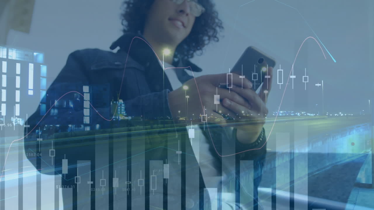 animación de estadísticas y procesamiento de datos financieros sobre el hombre utilizando teléfonos inteligentes