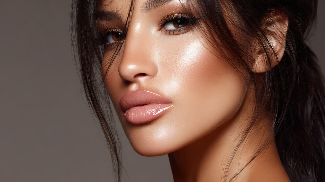 Stunning Close-Up Portrait of a Young Woman Showcasing Radiant Skin and Glamorous Makeup Featuring Defined Features and Highlighted Cheeks