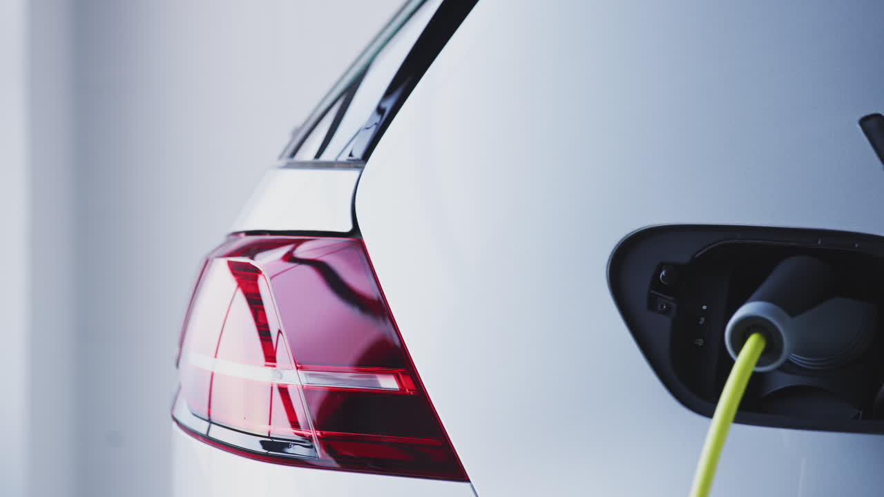 cierre del cable de alimentación de carga de automóvil eléctrico ecológico de cero emisiones en el garaje