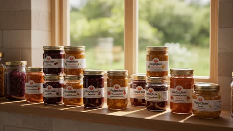a beautiful display of homemade jams and preserves bathed in natural light by a window, showcasing a variety of flavors and colors in elegant glass jars