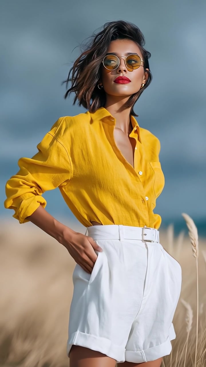 Donna alla moda con camicia di lino gialla e pantaloncini bianchi che posa all'aperto in una giornata di sole