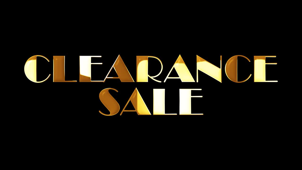 4k 3d 원활한 루핑 클리어런스 판매 텍스트 애니메이션 판매 홍보 효과 요소 클리어렌스 판매 골든 텍스트 라이트 루프 애니메이션 개념은 타임 알파 채널 프로스 4444을 사용하여 분리합니다.