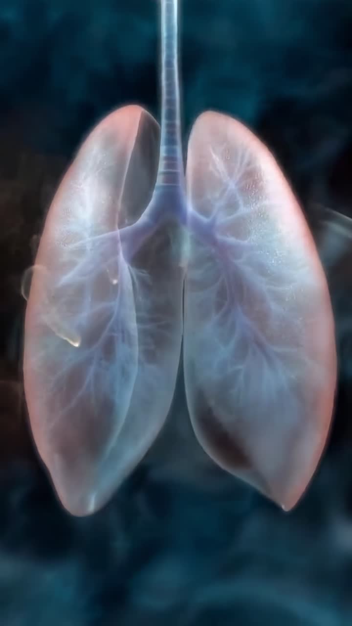 Video ravvicinato di polmoni traslucidi, che mostra dettagli intricati da un'angolazione frontale