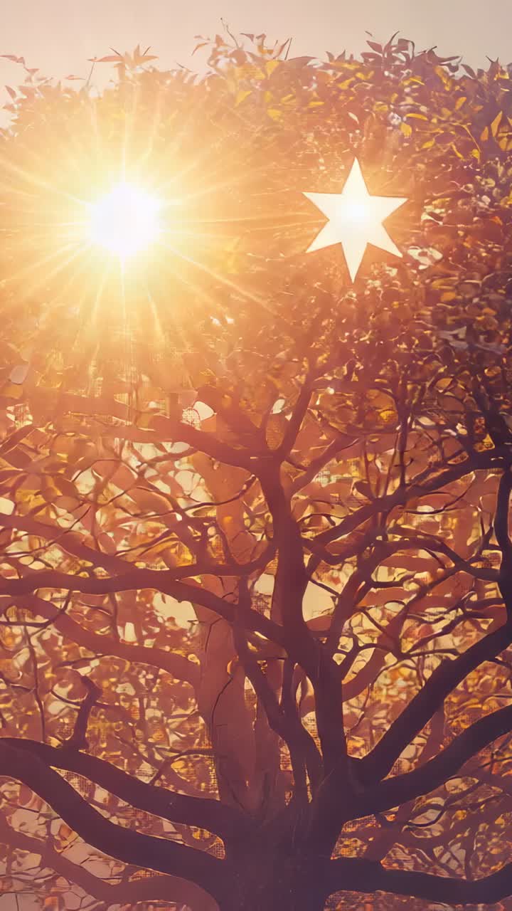 Vertical video: Animating tree canopy at forest edge with pulsing sun flares and star overlaying
