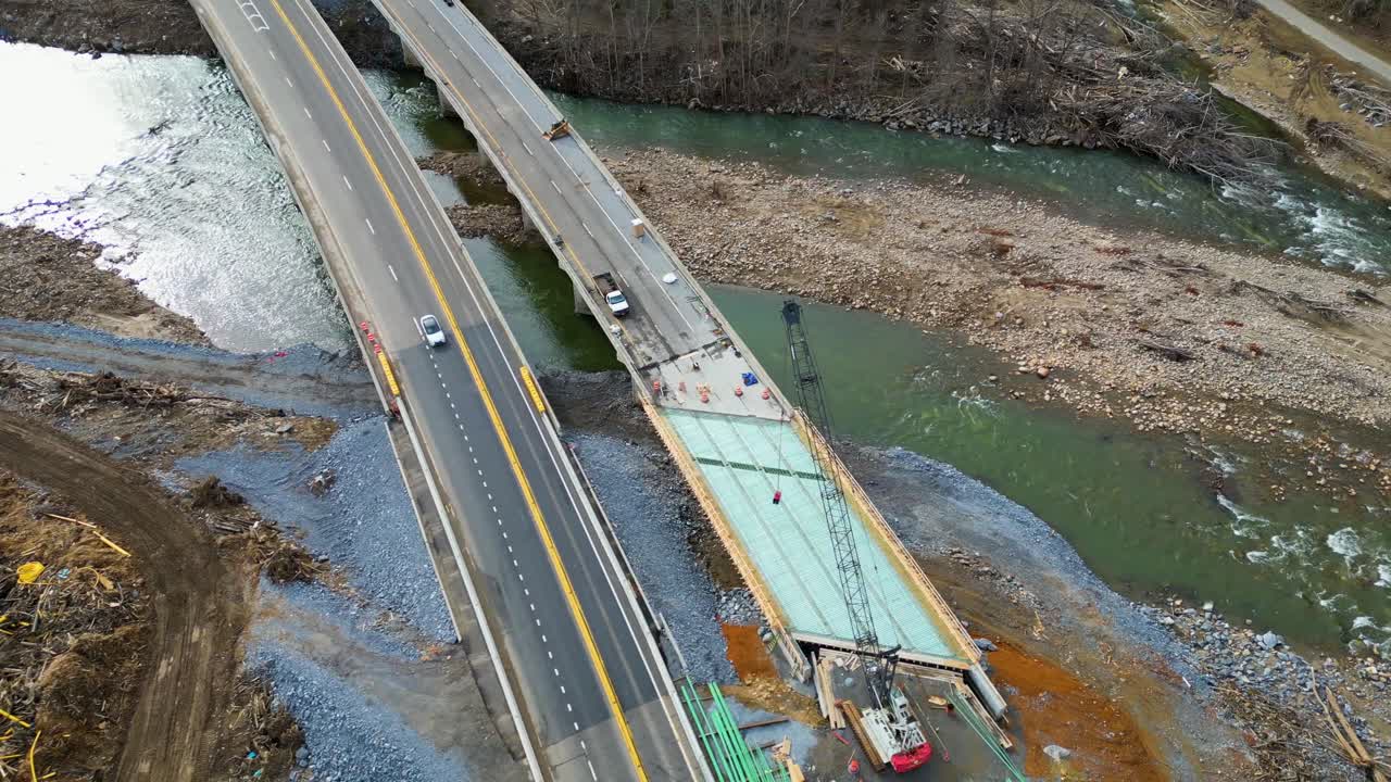 4K Aerial Drone Video of Bridge Repairs on Interstate 26 in Erwin, TN Damaged by Flooding of Nolichucky River after Hurricane Helene (2024)