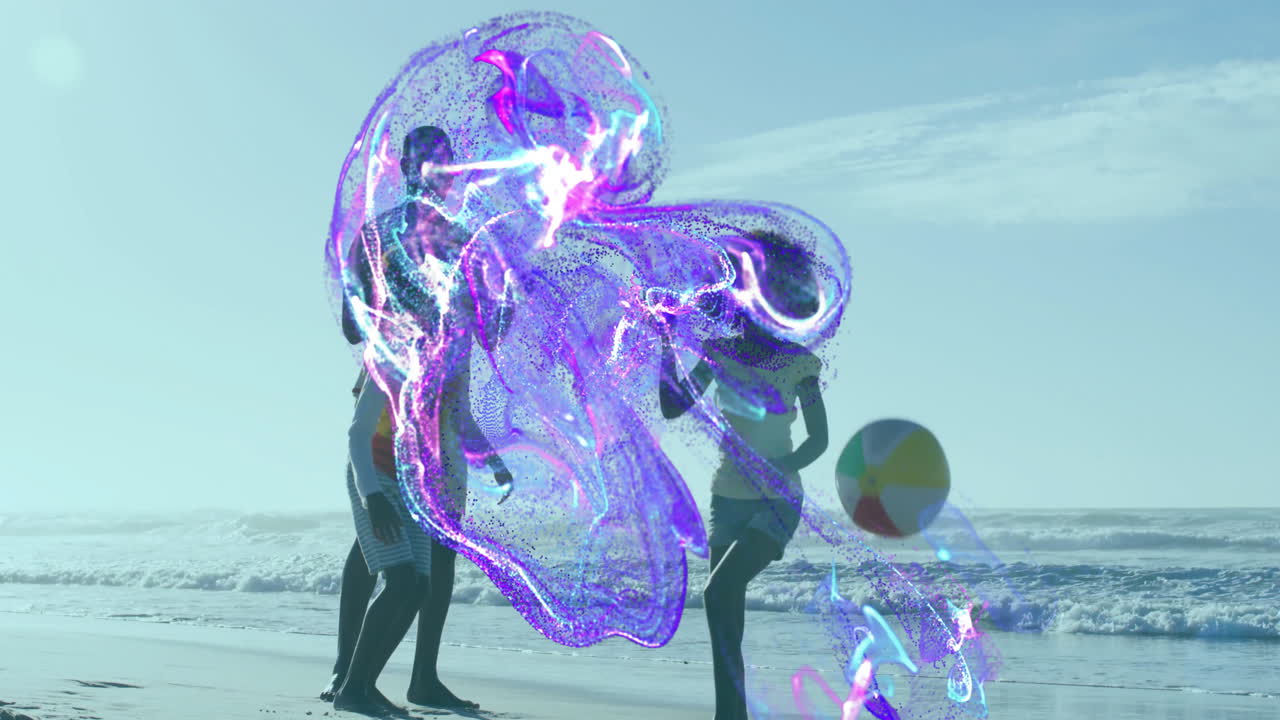 Father and children playing on sandy beach, showcasing neon particles highlighting tech concept