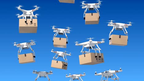 many quadcopters rising up in the blue sky and delivering parcels. looped 3d animation with green screen and alpha mask. modern delivery concept.