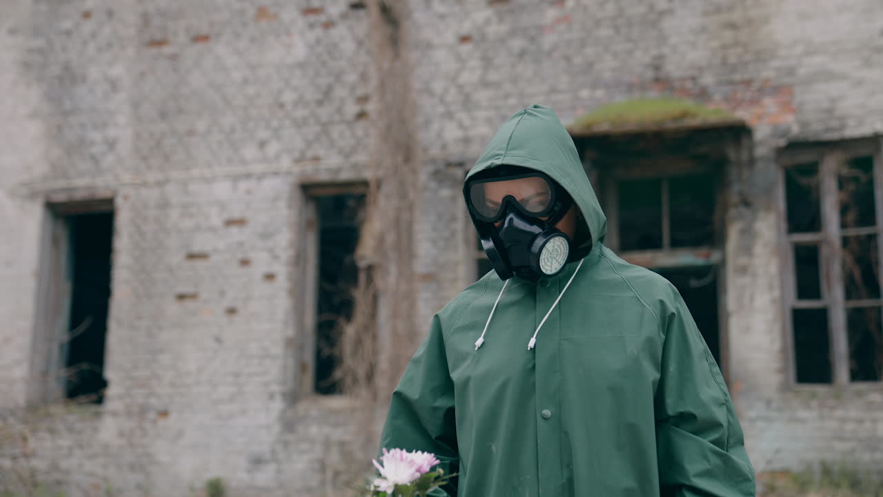 Survivor holding flowers with ruined building background. Person in chemical safety suit and respirator standing with flowers in hands in abandoned place and stretching t to the camera